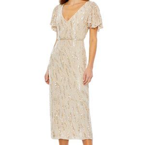 MAC DUGGAL 93591 SEQUINED V-NECK FLUTTER SLEEVE TEAL LENGTH OYSTER DRESS 14